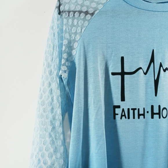 Inspirational Pullover Top XL Blue Faith Hope Love   Women's  3/4 Sleeves Sheer - Picture 3 of 4